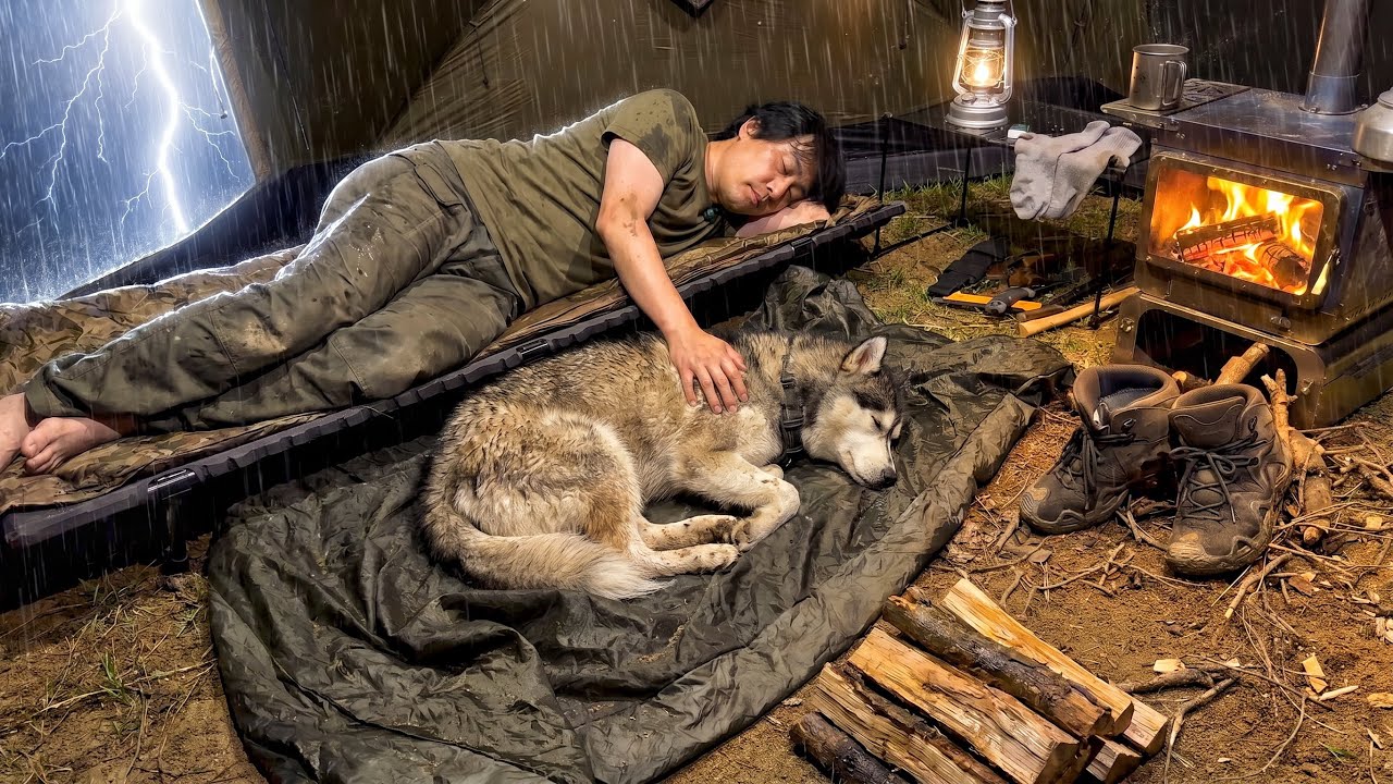 Camping in HEAVY RAIN 🌧️ Hot Tent Camping in Thunderstorm with My Dog