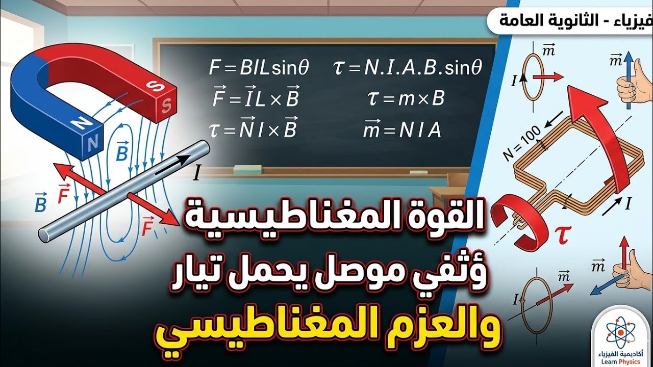 الحصة 5 / القوة المغناطيسية المؤثرة في موصل والعزم / فيزياء توجيهي2008 فصل ثاني 