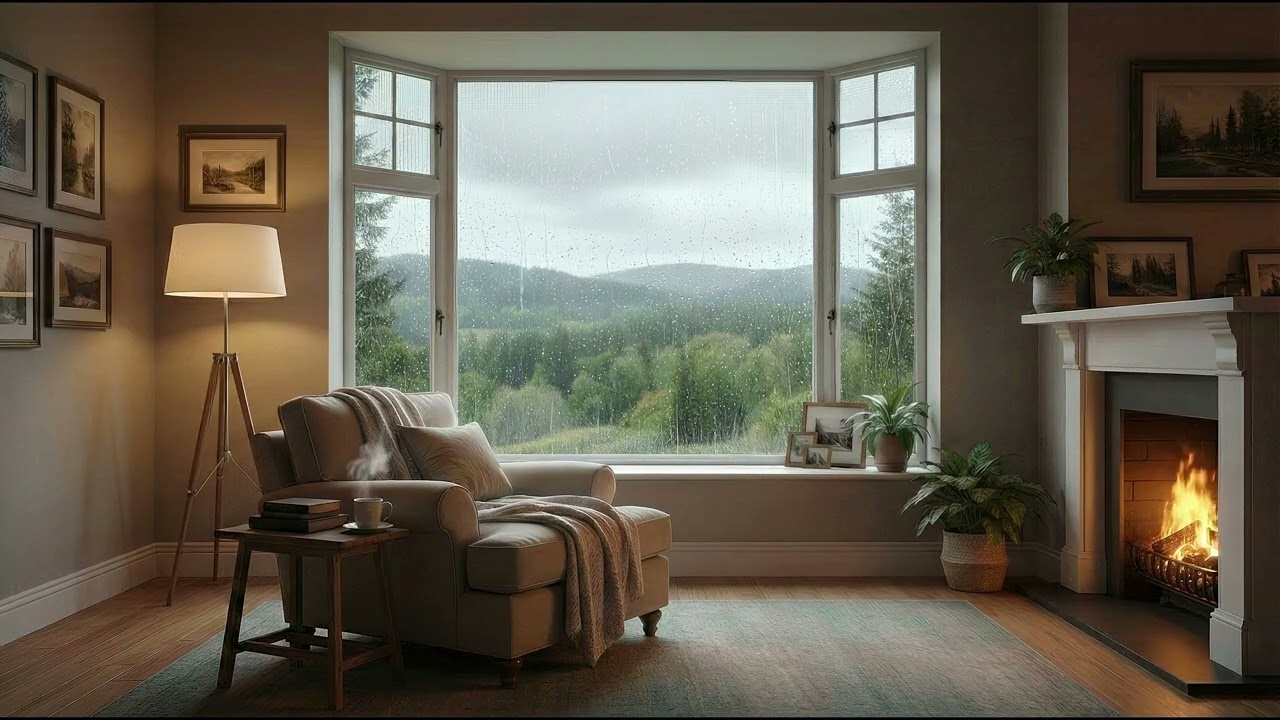 4K Relaxing Rainy Day with Lofi Music on Cozy Reading Nook Ambience 🌧️ Fireplace & Rain