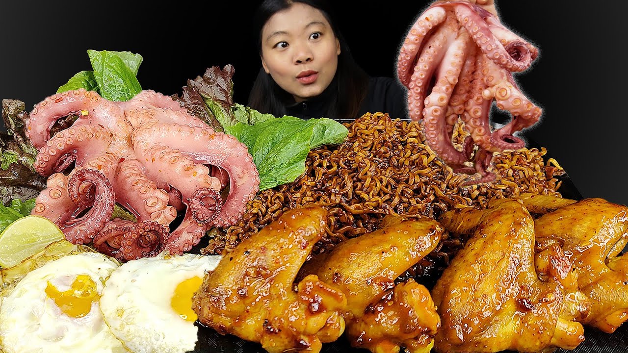 Eating Whole Octopus & Glazed Fried Chicken Wings With Spicy Blackbean Noodles, Nepali Mukbang