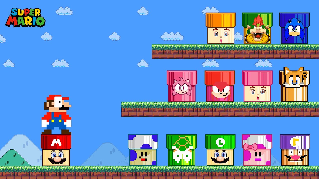 Super Mario Bros. but there are MORE Custom Pipe All Characters MUSCLE Powerups!