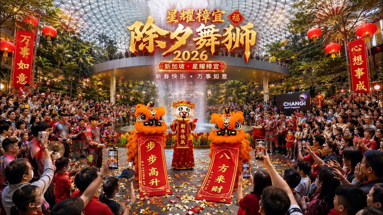 除夕舞狮，新加坡星耀樟宜机场2026迎马年特别节目之一。Singapore Jewel Changi Airport CNY eve Lion Dance.