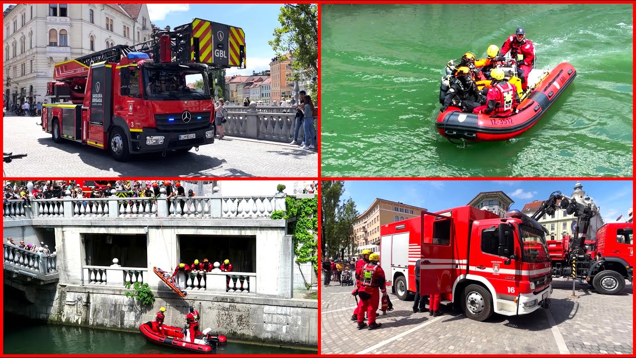 [100 LET GB LJUBLJANA] Prikaz reševanja na vodi iz Ljubljanice, prihod voz 2,3,4,16+čoln