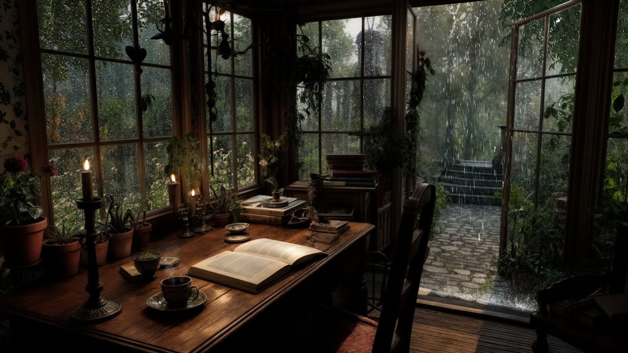 Vintage Library Ambience: Pouring Rain, Lush Plants & Soft Glow for Deep Relaxation