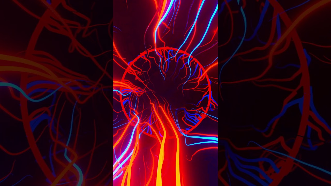 Abstract tunnel with rings with neon glowing hair, threads.