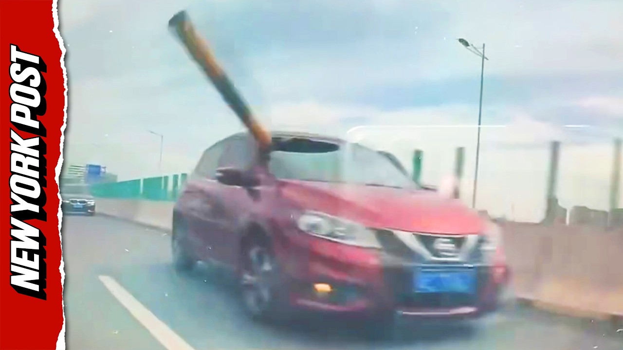 Insane Moment Giant Pole Spears Car's Windshield on Highway in China