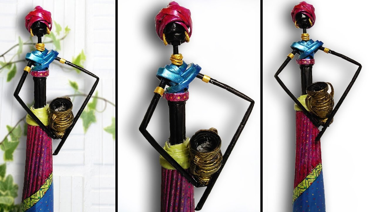 DIY amazing beautiful african doll with newspaper-african doll with water pot- out for waste paper