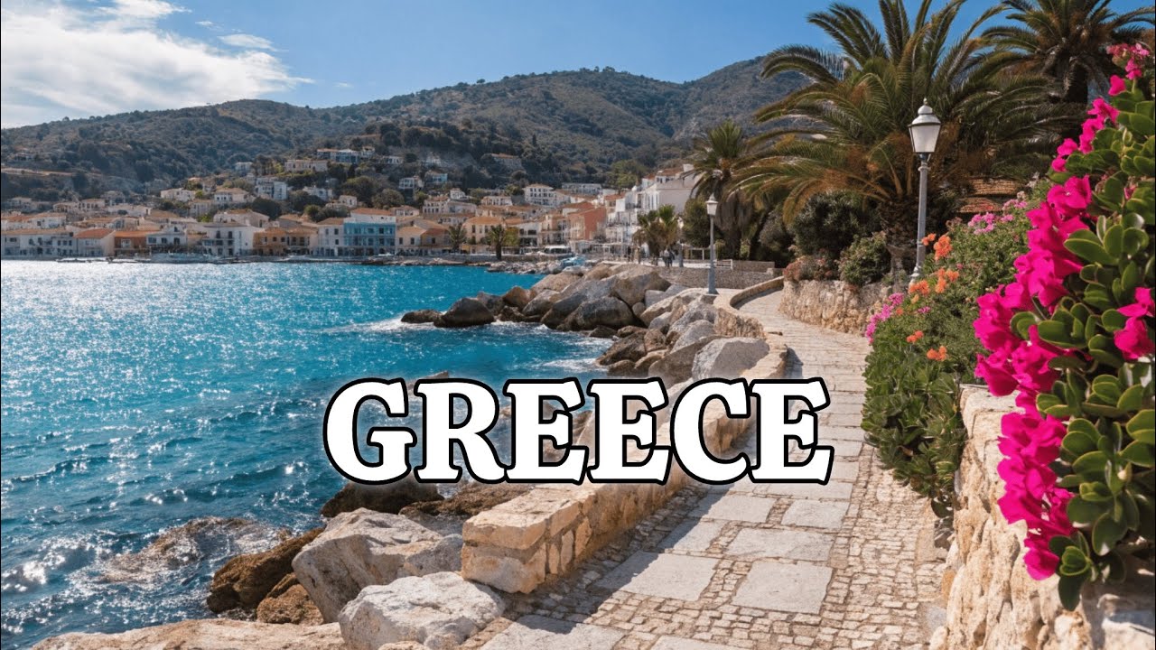 Scenic Greece Walk 4K 🇬🇷 Sea Views, City Life & Palm Trees | Real Sounds No Music