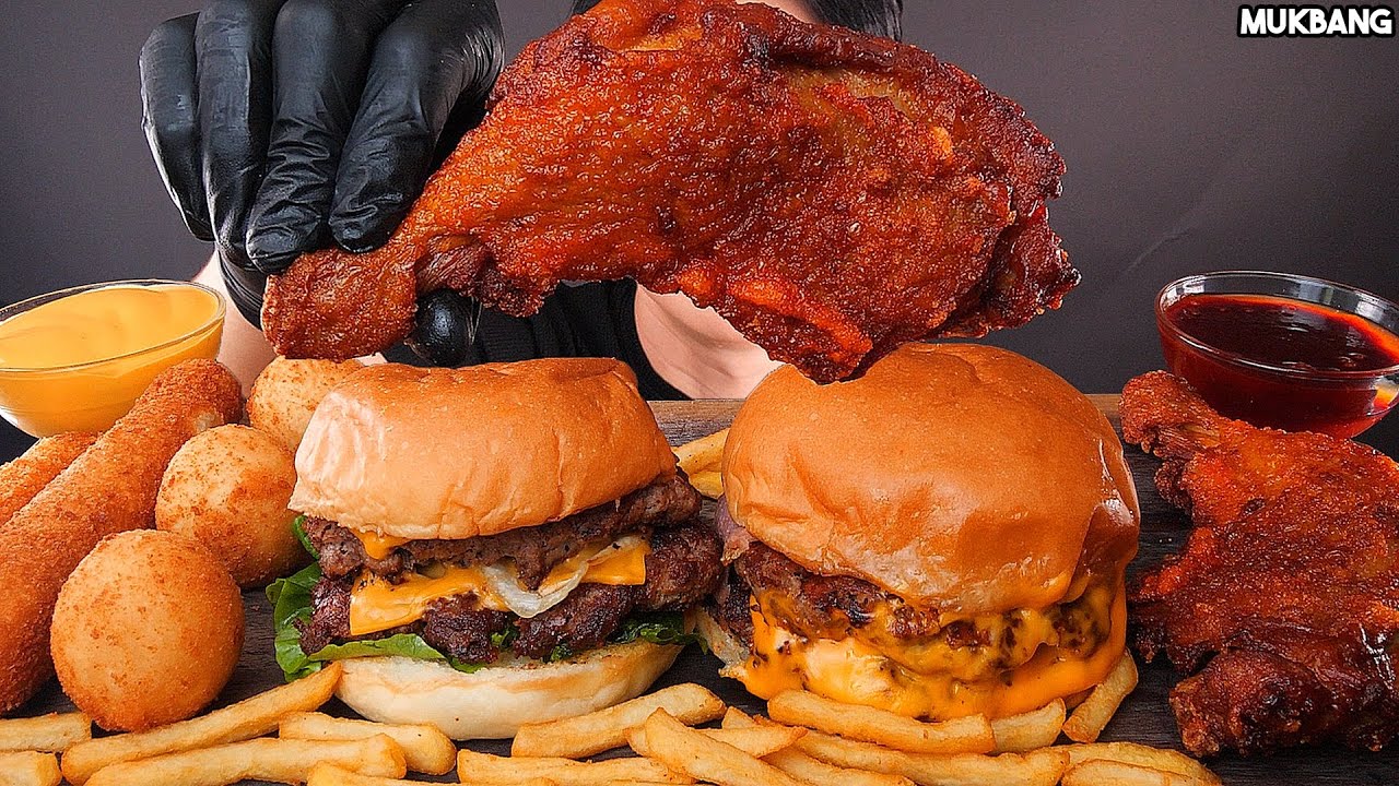 бургер и жареный цыпленок Burgers 🍔 Fried Chicken 🍗 Cheese Balls EATING ASMR MUKBANG