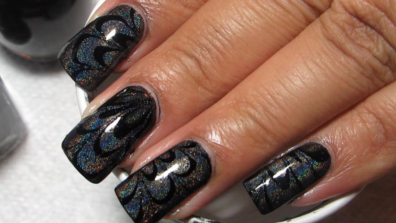 Black Creme & Holo Water Marble Nail Art Tutorial