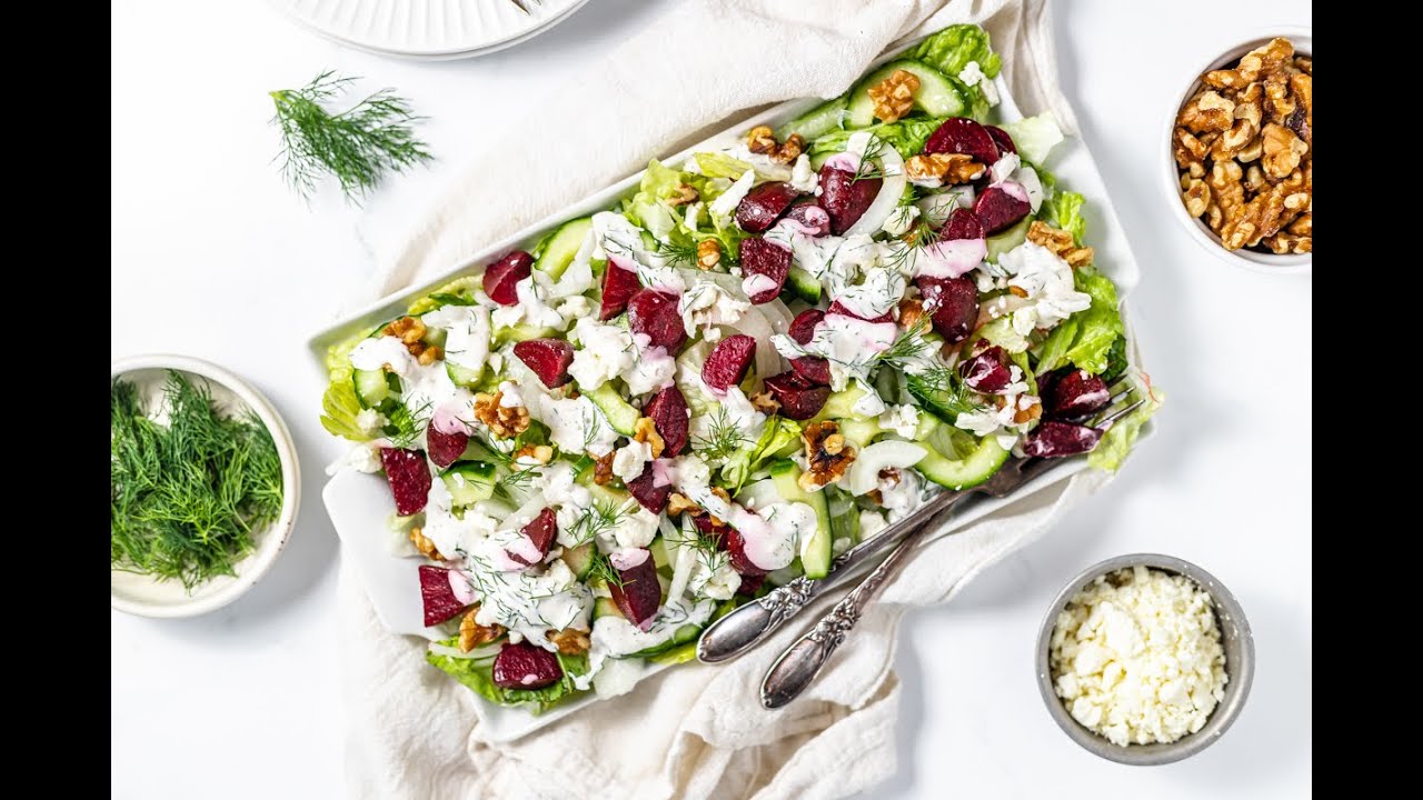 Beetroot and cucumber salad with creamy dill dressing