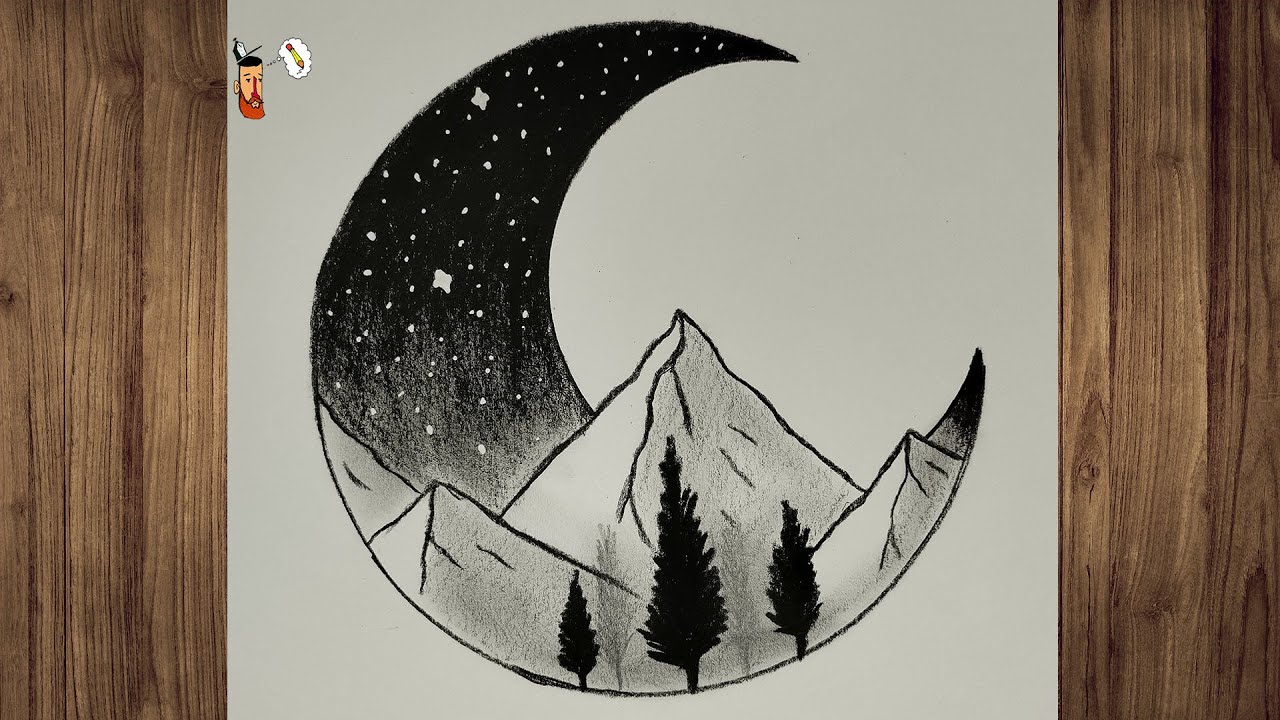 Como desenhar um cenário de noite estrelada | Desenho de uma linda paisagem com lápis de carvão