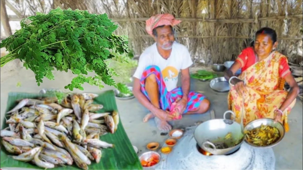 TANGRA FISH CURRY and MORINGA LEAVES RECIPE | cooking and eating by santali tribe family 