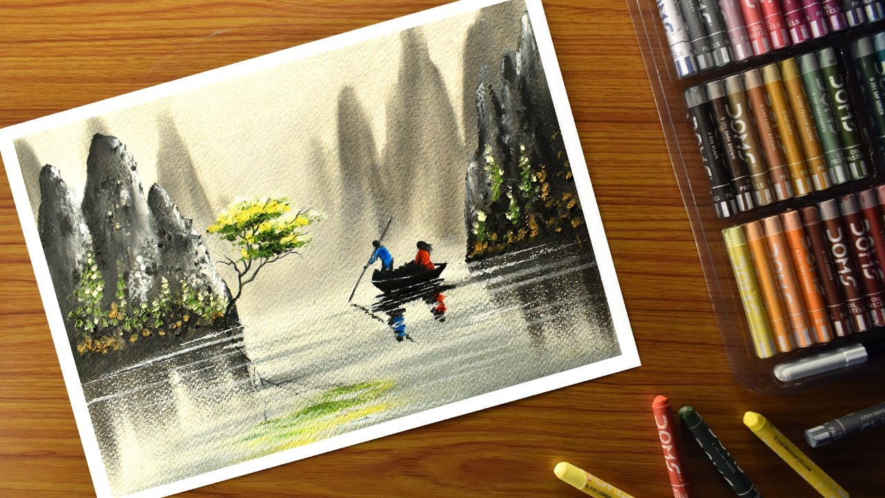 Oil pastel scenery drawing | Foggy mountain & river oil pastel drawing | couple scenery drawing