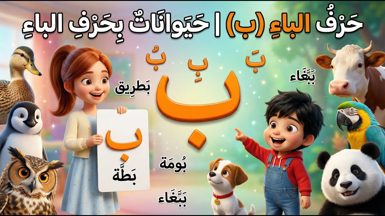 تعليم حرف الباء (ب) للأطفال | با بِ بُ + حيوانات بحرف الباء (بطة، بطريق، بومة، بقرة، ببغاء، باندا)