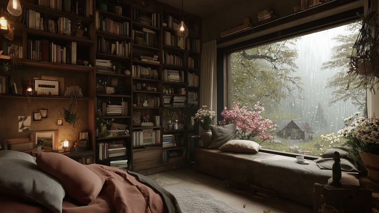 Gentle Rainy Piano in a Quiet Flower House | Soft Piano Music for Deep Relaxation & Sleep
