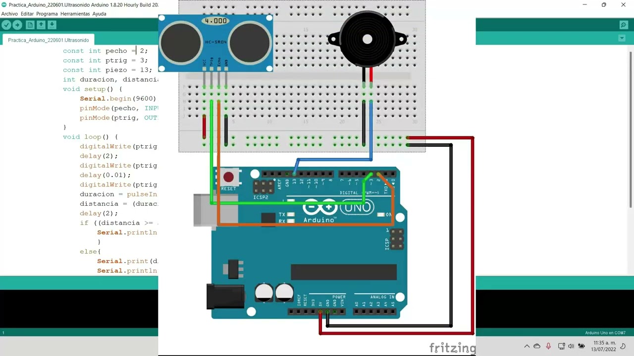 Práctica 9 Arduino.  Control del sensor de ultrasonidos para una alarma marcha atrás