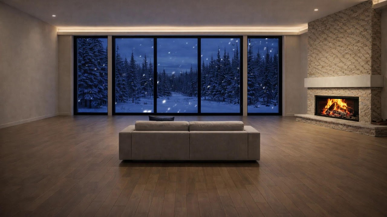 No Ads · Silent Modern Lodge at Blue Hour — Bright Fireplace ON Ambience