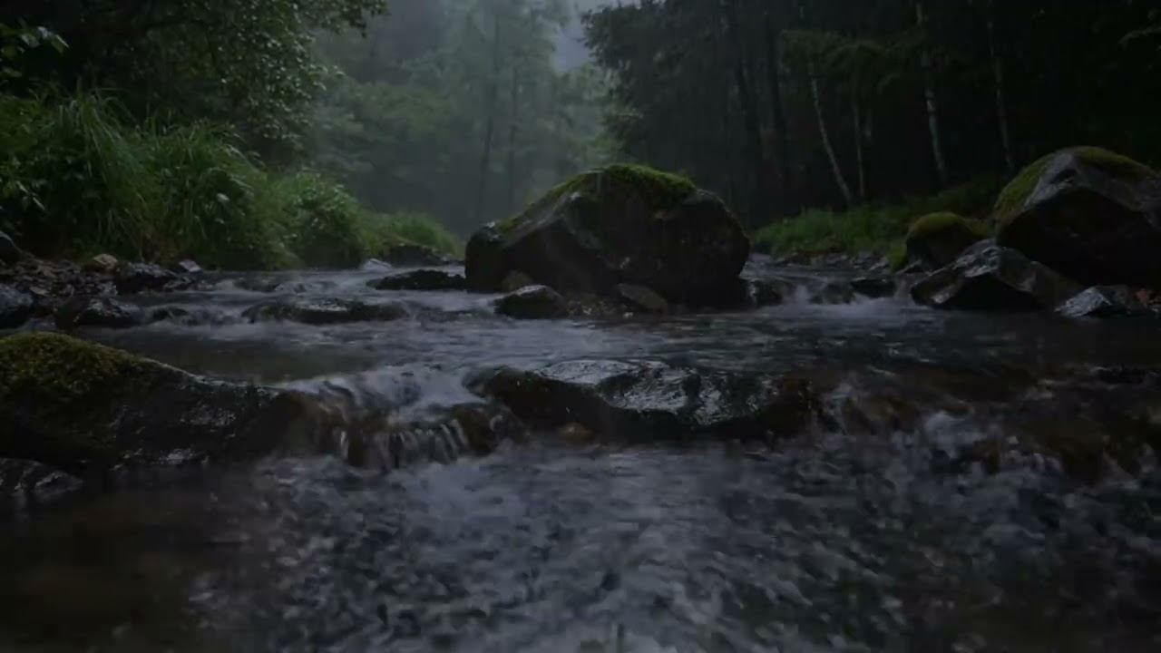 Rain Sounds For Sleeping – River Rain & Soft Piano, Fall Asleep Fast | 1 Hour ASMR