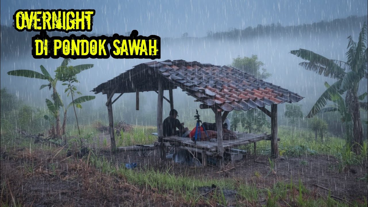 Camping in the rain | staying in a hut on the edge of a rice field