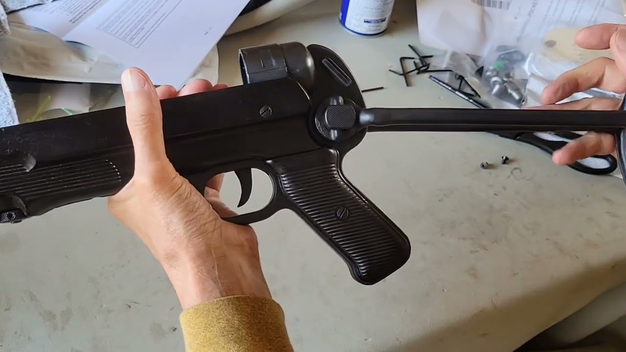 GSG MP40 MFI Stock replacement button corrects downward angle compared to the original WWII stock.