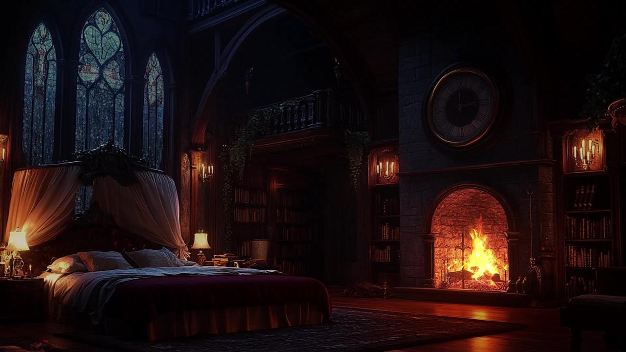 🌫️🏯 Peaceful Rain Sounds in a Grand Castle Bedroom | Rain on Glass & Fireplace | Sleep & Focus