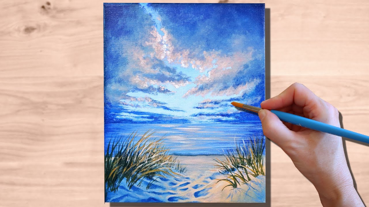 Cloudy Beach Landscape | Acrylic Painting for Beginners | Cloud Painting Tutorial