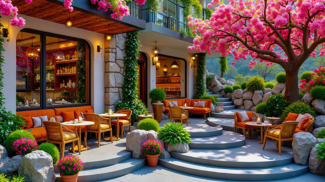 Positive Spring Morning Jazz 🌸 Cozy Outdoor Caf&eacute; Ambience | Soft Jazz for Work, Study & Relax