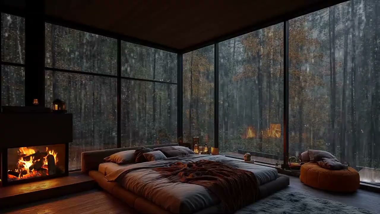Deep Sleep White Noise | Goodbye Stress with Heavy Rain and Crackling Fireplace Sounds