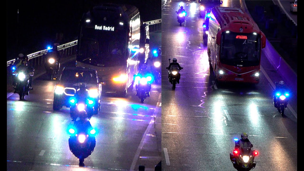 Escolta autobuses Real Madrid y Atletico de Madrid camino del Bernabeu. Champions 2025