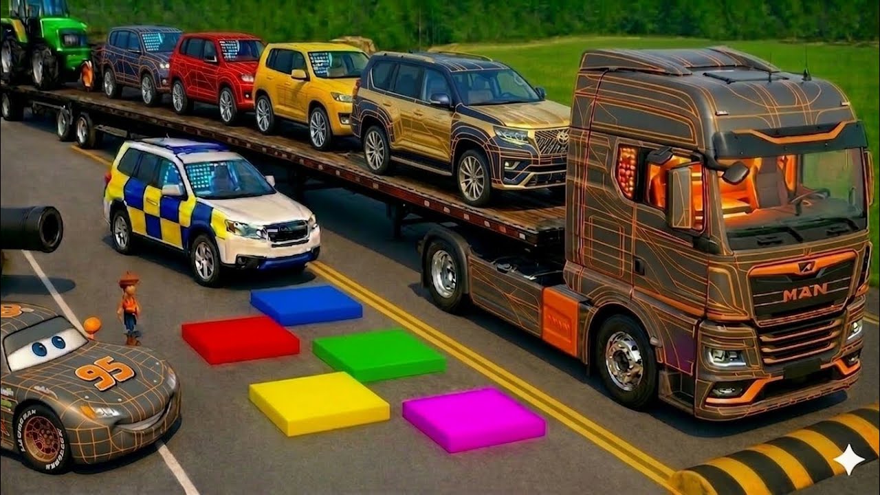 Flatbed Trailer Mcqueen Transportation with Truck | Cars vs Speedbumps vs Train | BeamNG.Drive #17