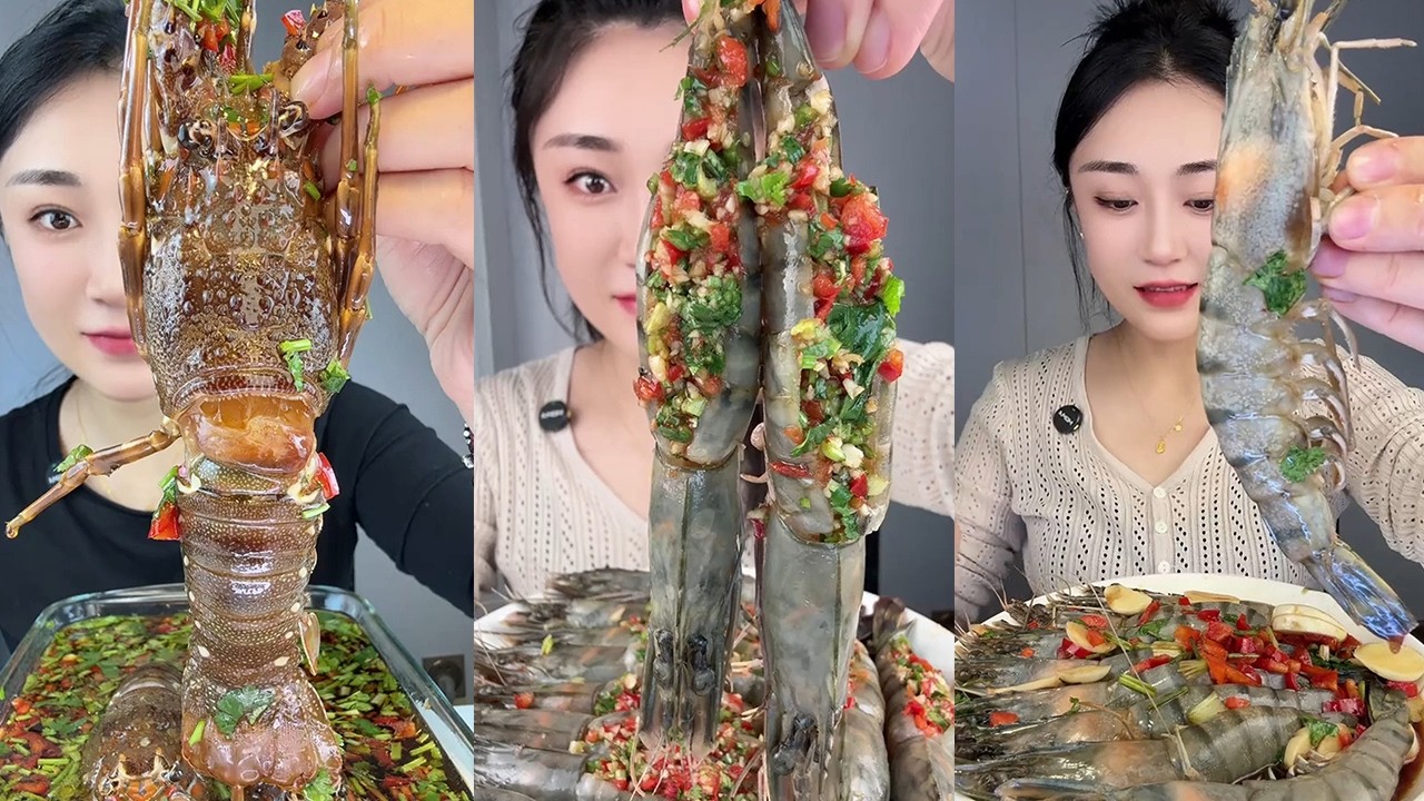 【Yummy】Marinated lobster + stuffed black tiger shrimp + black tiger shrimp🦞🦐🌶🍋🧄#mukbang#asmr#Seafood