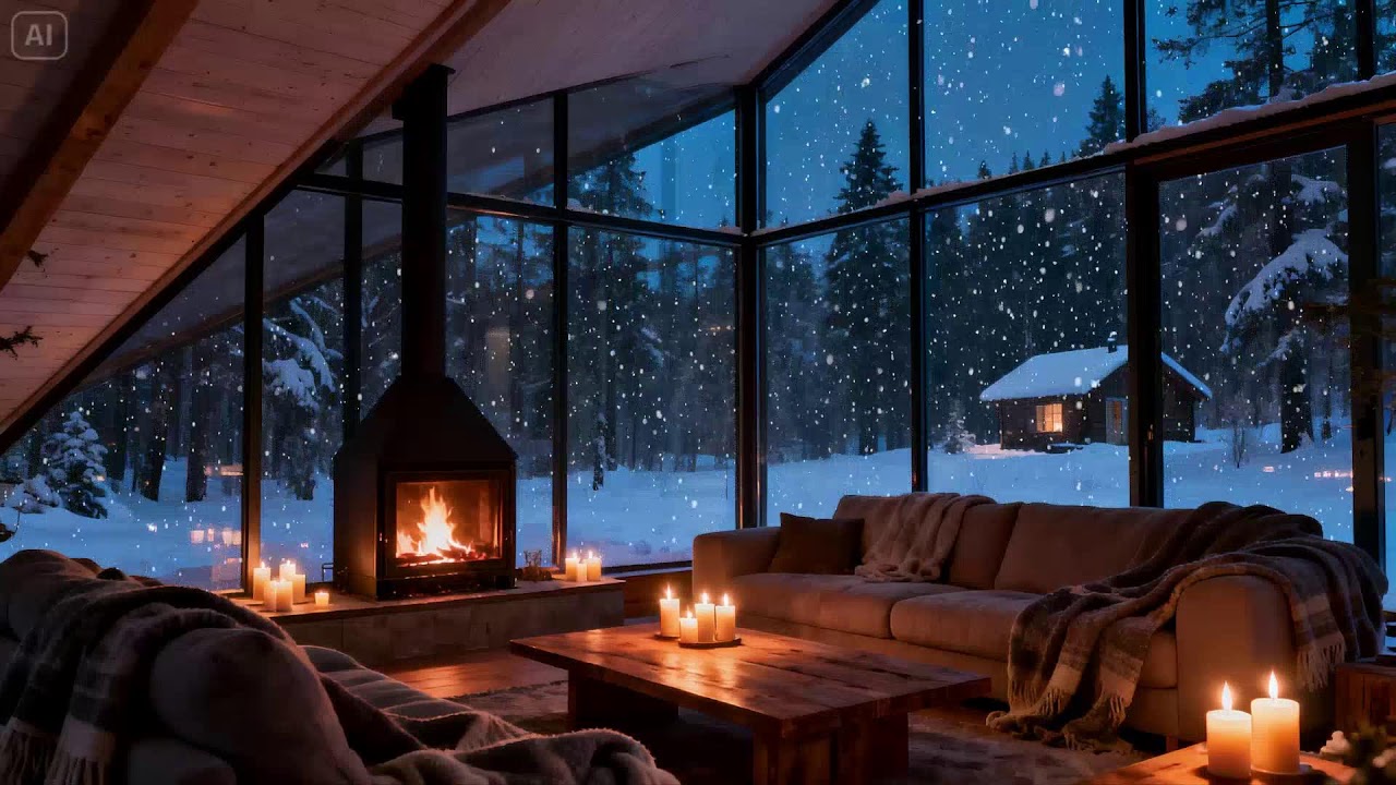 Late Night Winter Calm Fireplace & Snowfall