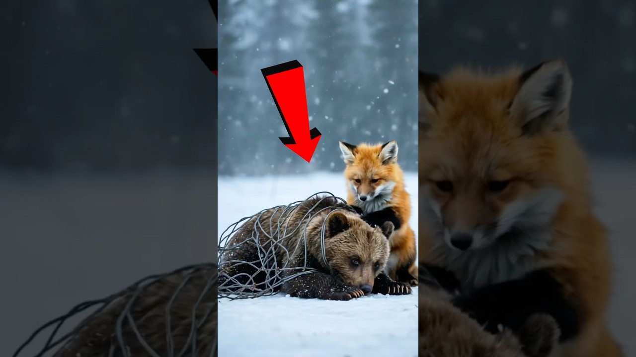 This Fox Cub Saves a Crying Bear Cub Trapped in Metal Wires🦊🐻 #animalrescue #fox
