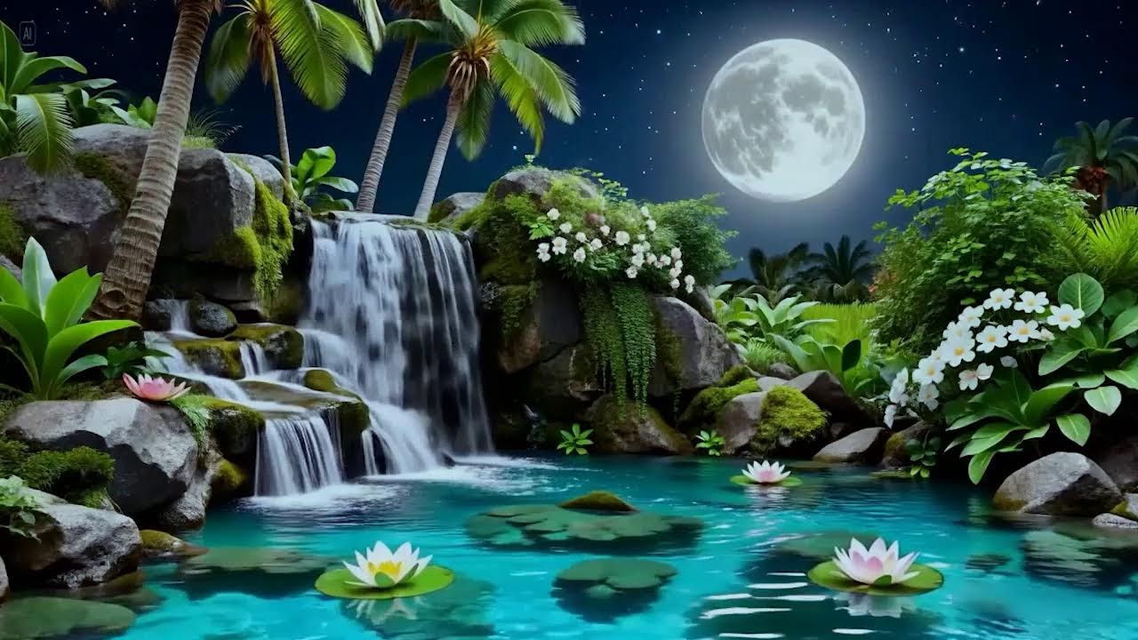 Fall Asleep Faster with 8 Hours of Moonlit Tropical Waterfall Ambience 🌙 Stress Relief & Calm Mind