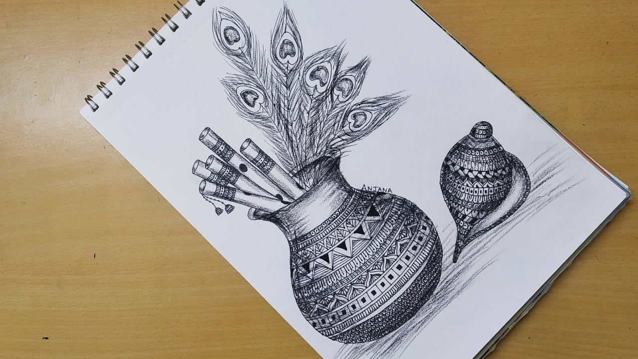 How to draw Mandala art of pot with flutes, peacock feather and shell | Janmashtami day | Easy draw