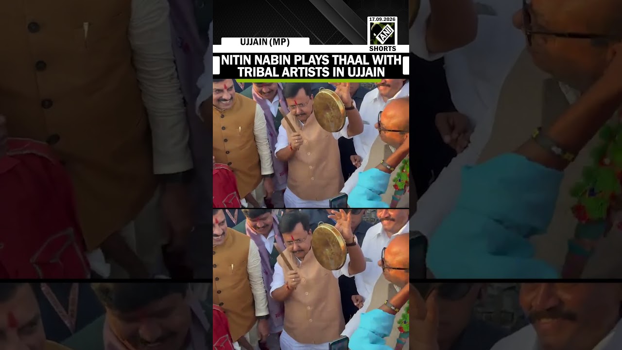 BJP National President Nitin Nabin plays Thaal with Tribal Artists in Ujjain