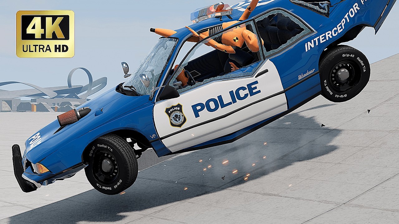 POLICE CAR EXTREME STUNTS 🚩 Cars Jumping Ramps | Best Crashing Game BeamNG Drive 4K Gameplay Video