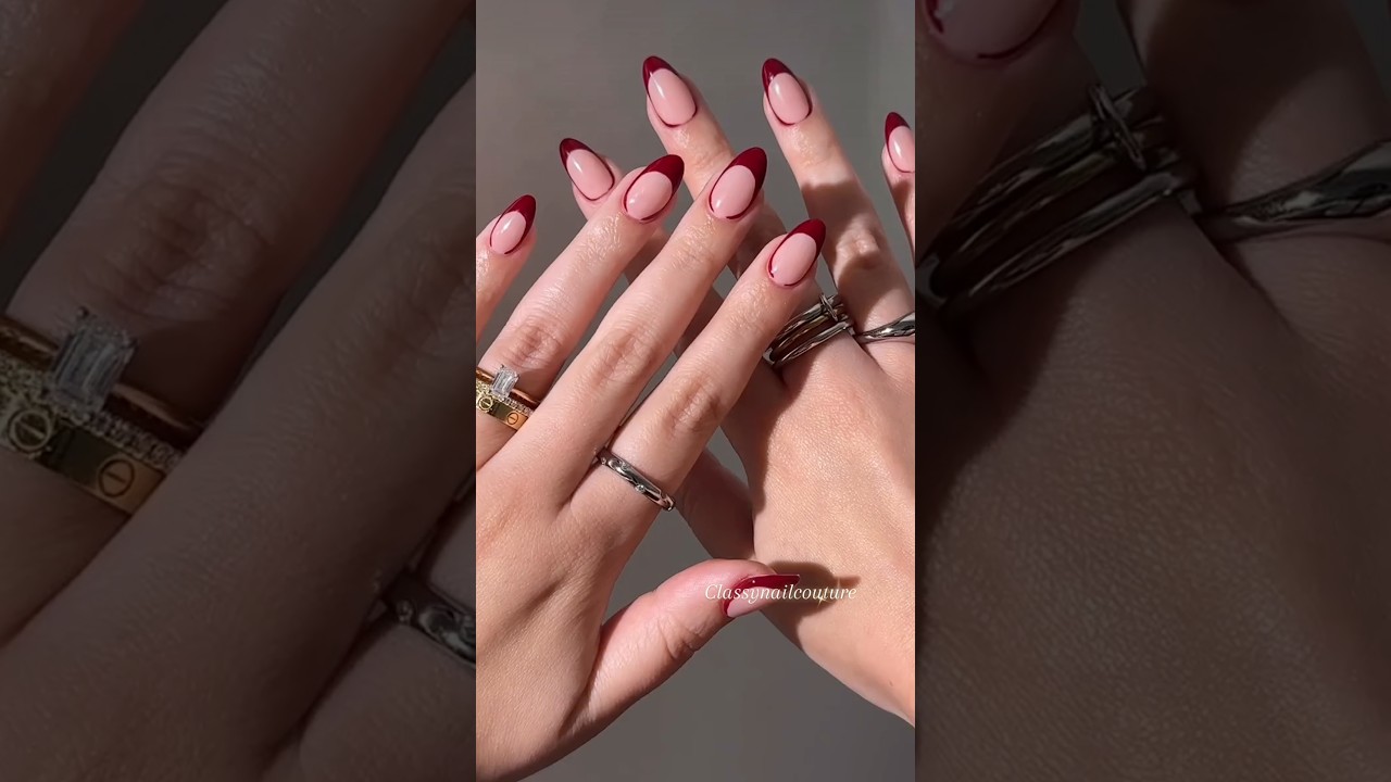 How to create deep red french tips for fall. #classynailcouture #viralshort #trandingshort #ytshorts
