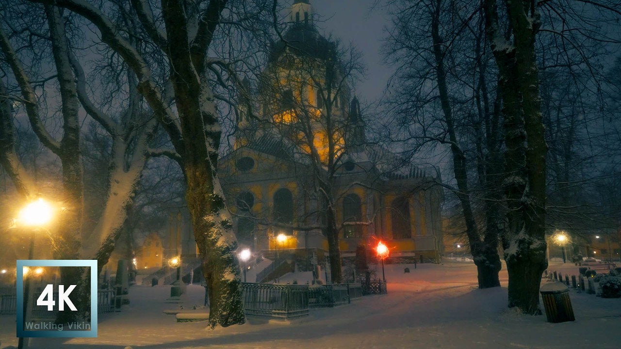Heavy Snowfall Walk in Old Stockholm at Night 4K HDR