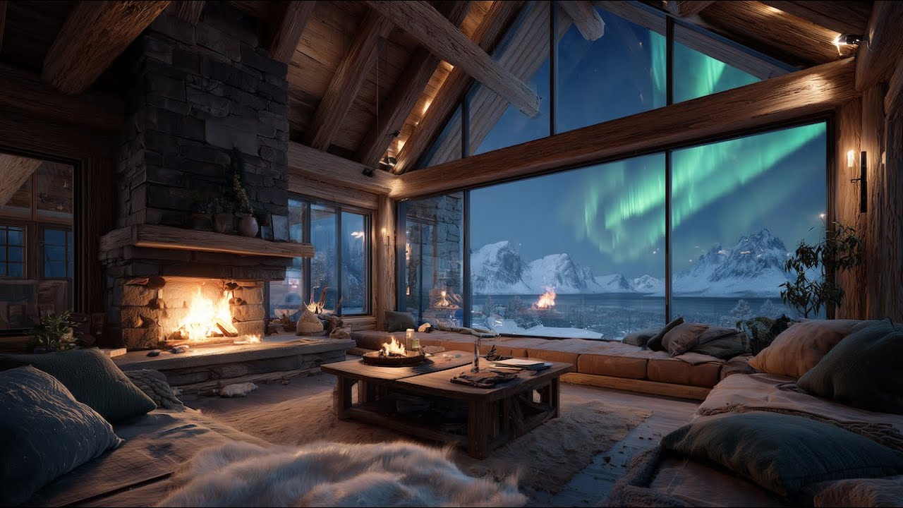 Northern Lights Cabin 🔥 Cozy Fireplace Ambience with Aurora View | 9 Hours (4K)