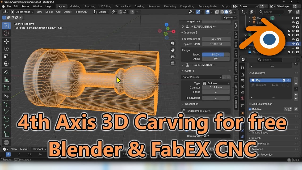 Create rotation axis G-Code - Blender & FabEX CNC
