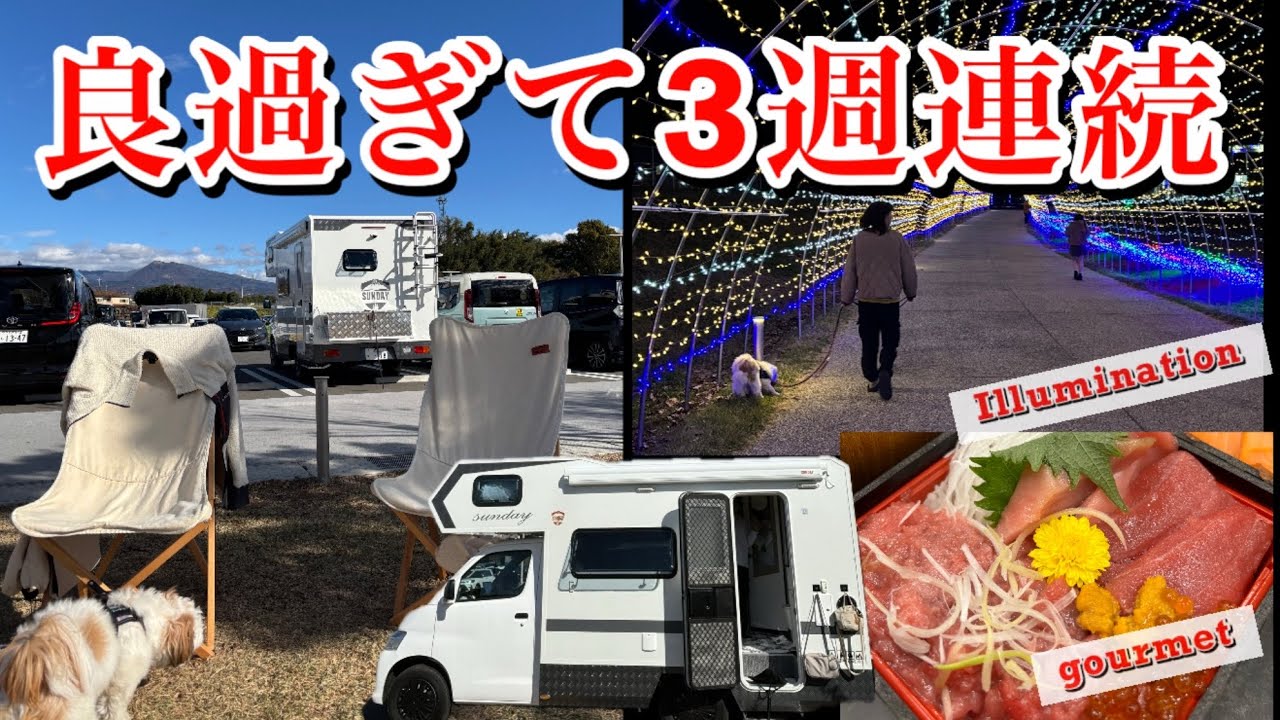 【道の駅まえばし赤城】イルミネーションに癒される！美味しい海鮮丼と温泉まで！あまりの快適さにまさかの3週連続で車中泊した50代夫婦とわんこのキャンピングカー旅【サンデーミドル】