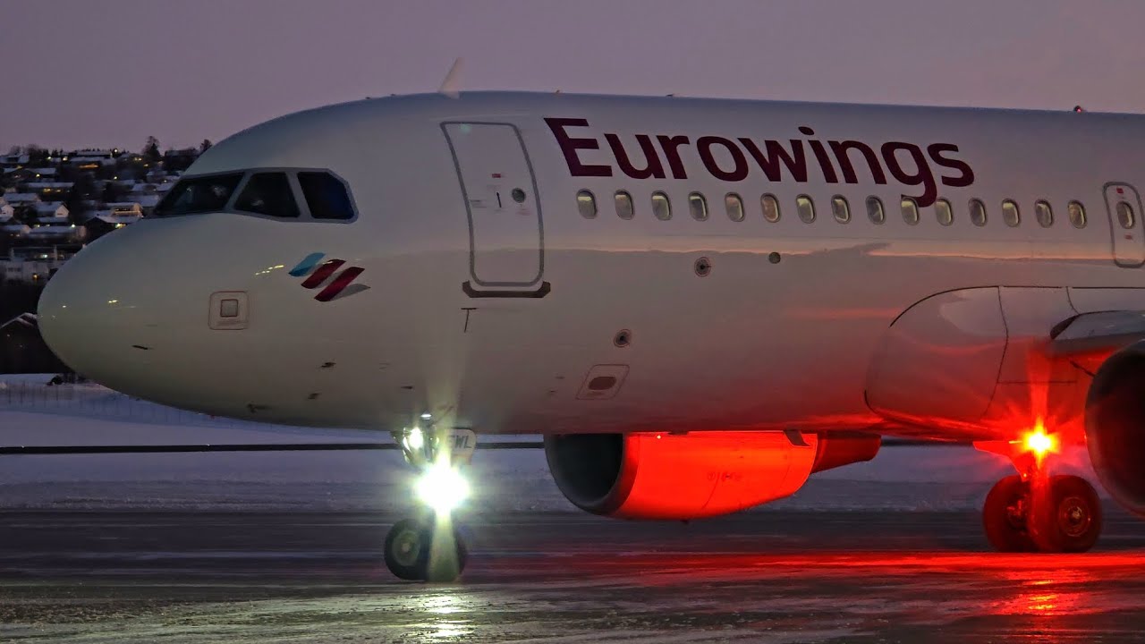 Eurowings A320 Beautiful Winter Morning Takeoff from Tromsø Airport (Purple Sky), Pushback & Startup