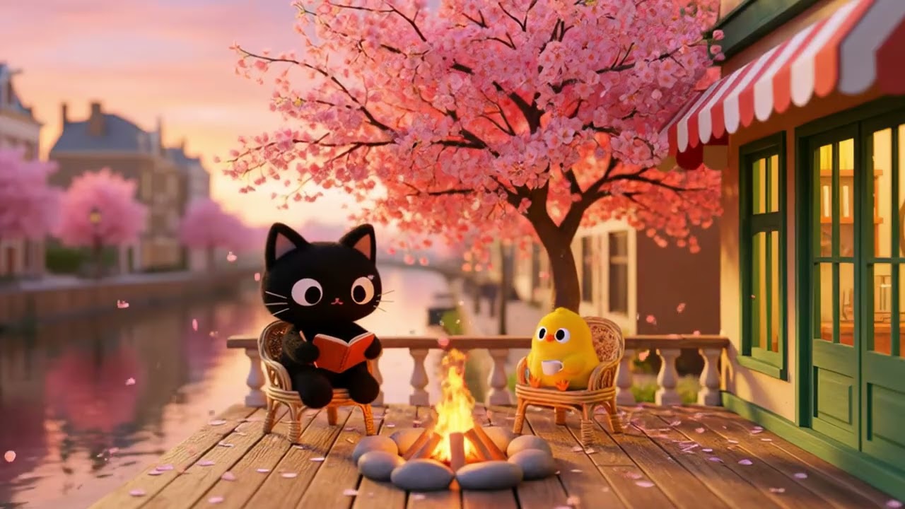 Magical Cherry Blossom Campfire Lofi 🌙 Cozy Riverside with Warm Fire Sounds for Relax, Study & Sleep