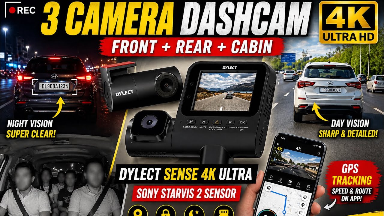 Dylect sense 4K ultra WDR car Dashcam with Sony starvis 2 sensor, GPS full HD cabin and rear camera