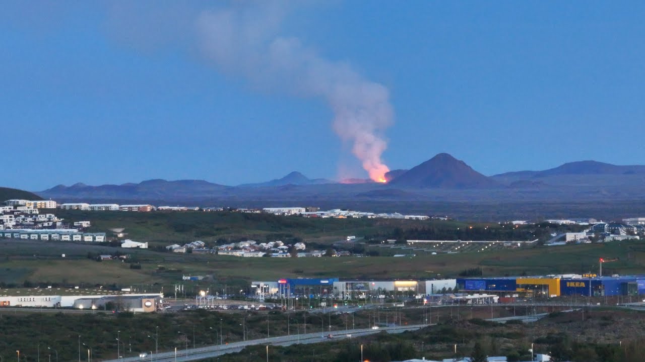 Iceland volcano eruption, seen from Reykjavik after midnight