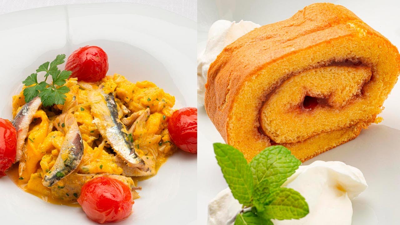 Revuelto de anchoas con tomates cherry - Rollo suizo con mermelada de fresas - Cocina Abierta