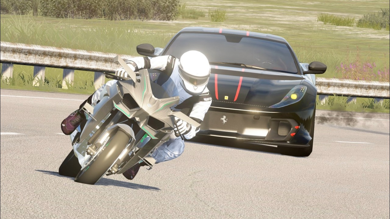Ferrari 812 Competizione vs Kawasaki Ninja H2R SC vs Hypercars Ferrari SF90, Bugatti Chiron