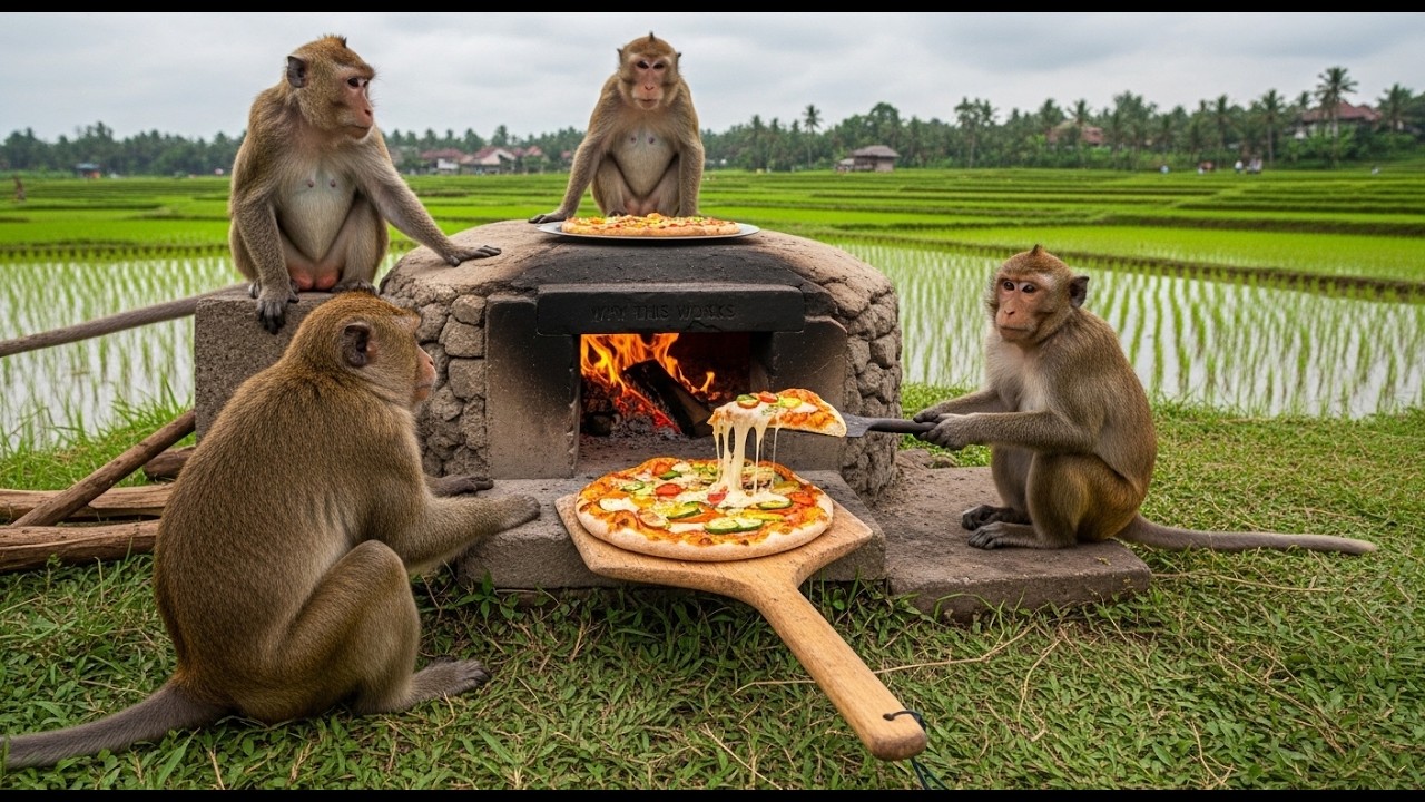 🍕 MONKEYS Baking Stone Oven Pizza with Homemade Sauce and Toppings! 🔥